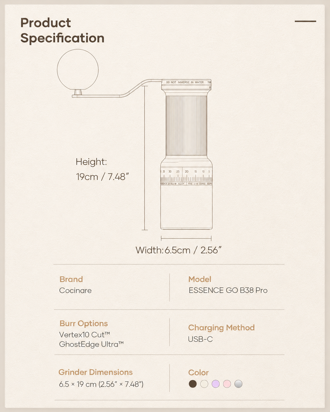 Cocinare ESSENCE GO B38 Portable Manual Coffee Grinder