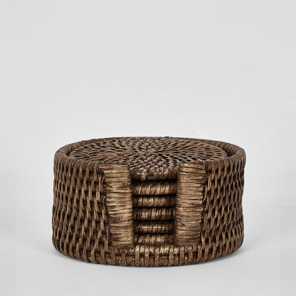 Paume Rattan Round Coaster Set 6 Antique Brown