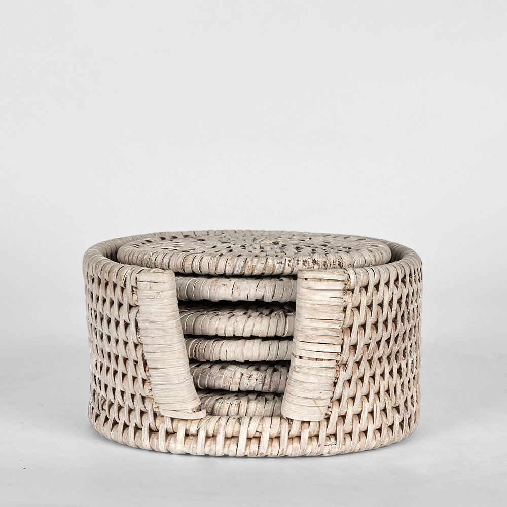 Paume Rattan Round Coaster Set 6 White Wash