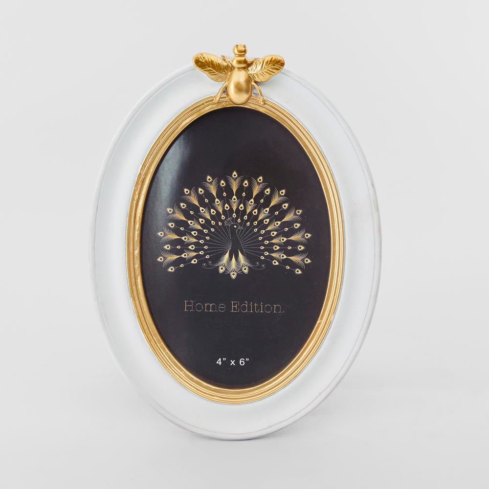 Vera Bee Oval Photo Frame 4 x 6 White & Gold