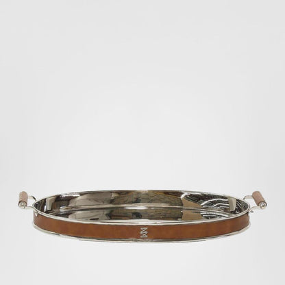Verona Oval Tray Leather Brown and Silver