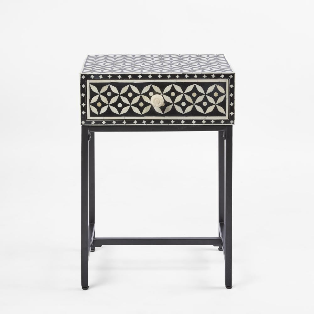 Stella Bone Inlay Bedside Table Black/White/Black Base
