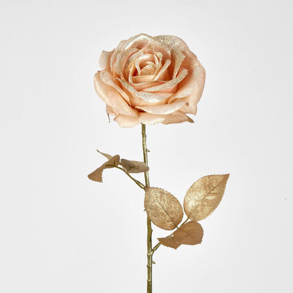 Champagne with Champagne Gold Glitter Christmas Venus Rose with 2 sets of Leaves 6 pcs
