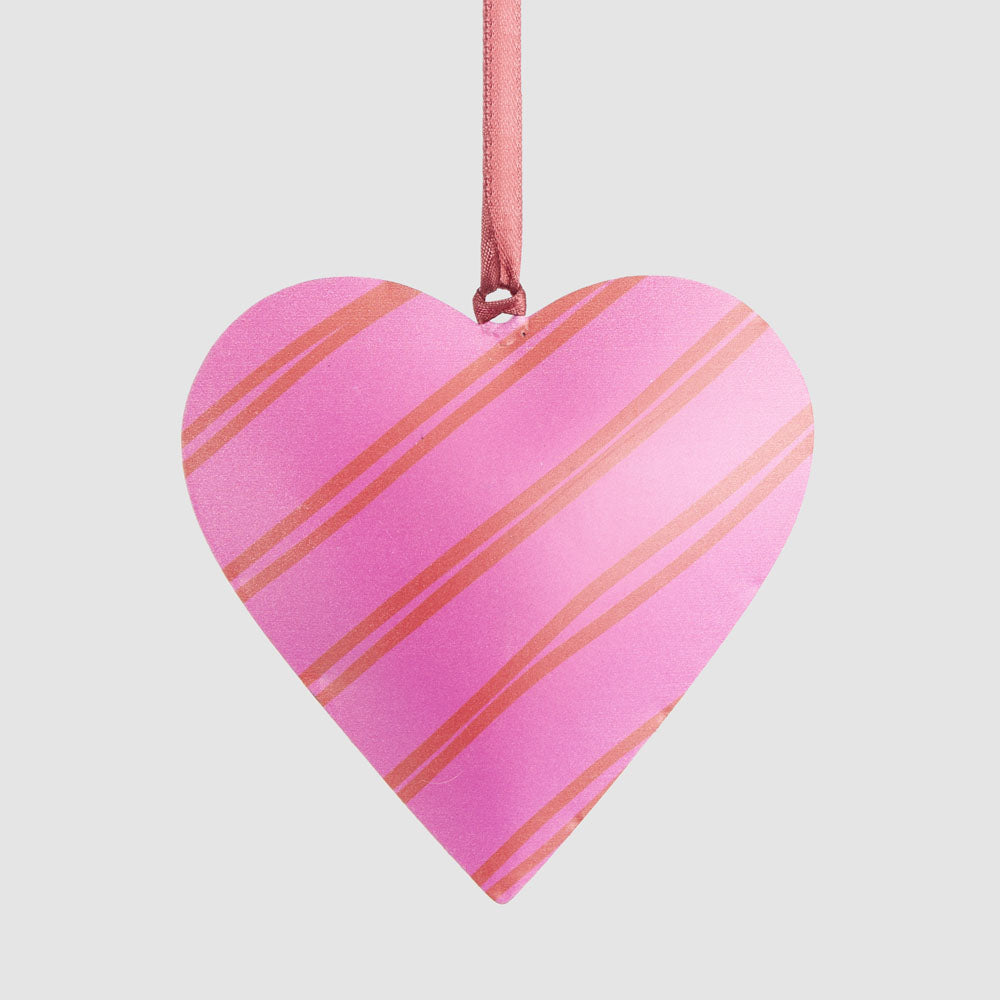 Joy Hand Painted Heart Tree Decoration Pink & Red Stripes 3 pcs