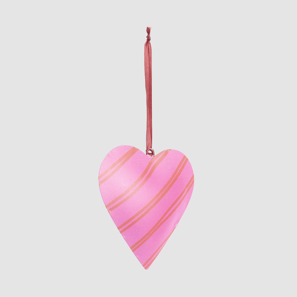 Joy Hand Painted Heart Tree Decoration Pink & Red Stripes 3 pcs