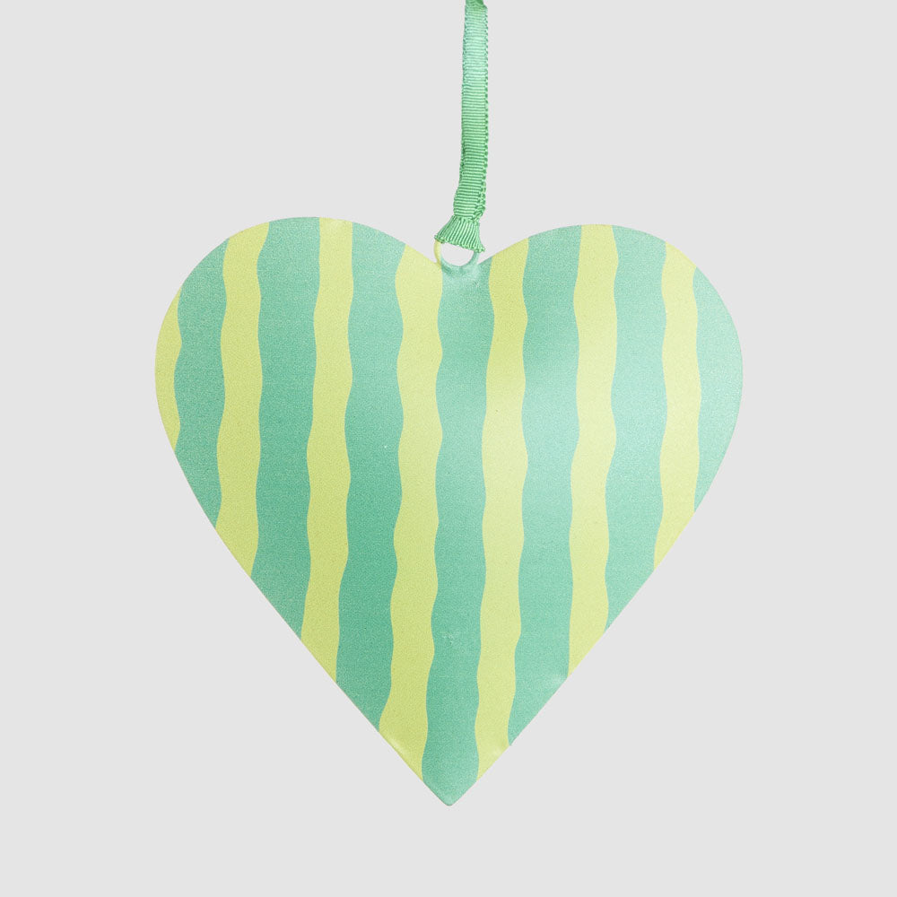 Joy Hand Painted Heart Tree Decoration Green Stripe 3 pcs
