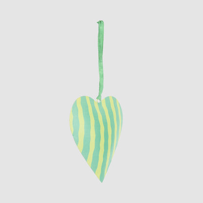 Joy Hand Painted Heart Tree Decoration Green Stripe 3 pcs