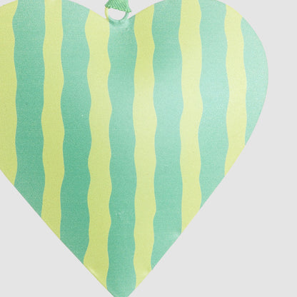 Joy Hand Painted Heart Tree Decoration Green Stripe 3 pcs