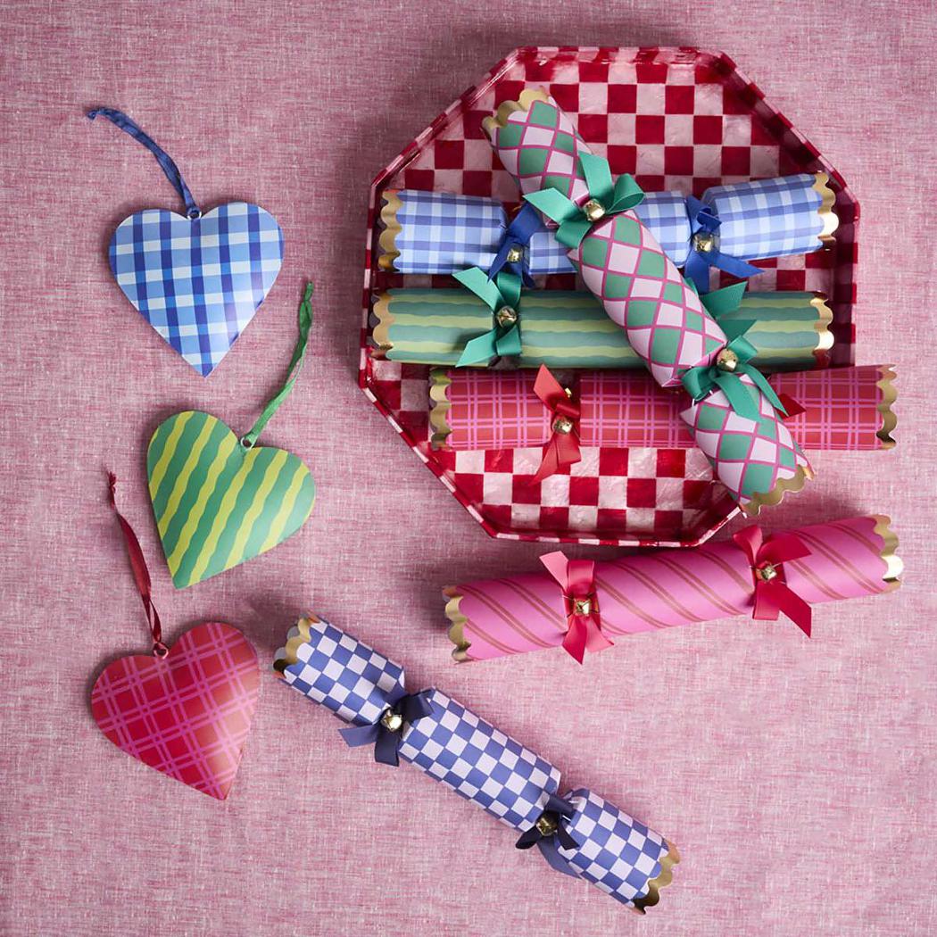 Joy Hand Painted Heart Tree Decoration Green Stripe 3 pcs